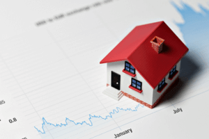 A house model on a real estate market graph. Illustrates the correlation between housing prices and market trends