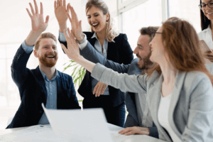 A group of people in a successful meeting