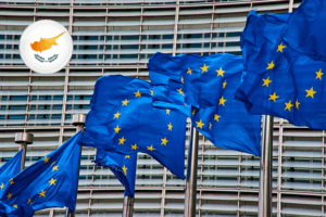 European Union flags fly in front of the European Commission building