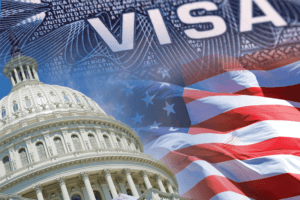 Completed US visa application form with personal details and supporting documents
