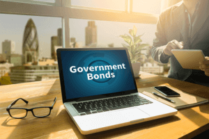 Government bonds displayed on a laptop screen, representing investment in Government bonds